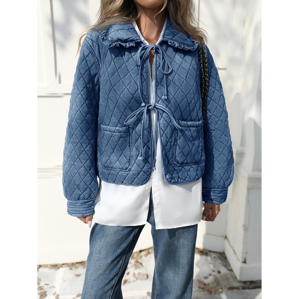 Womens Quilted Denim Puffer Jacket X-Large Tie Front Ruffle Collars - Picture 4 of 6